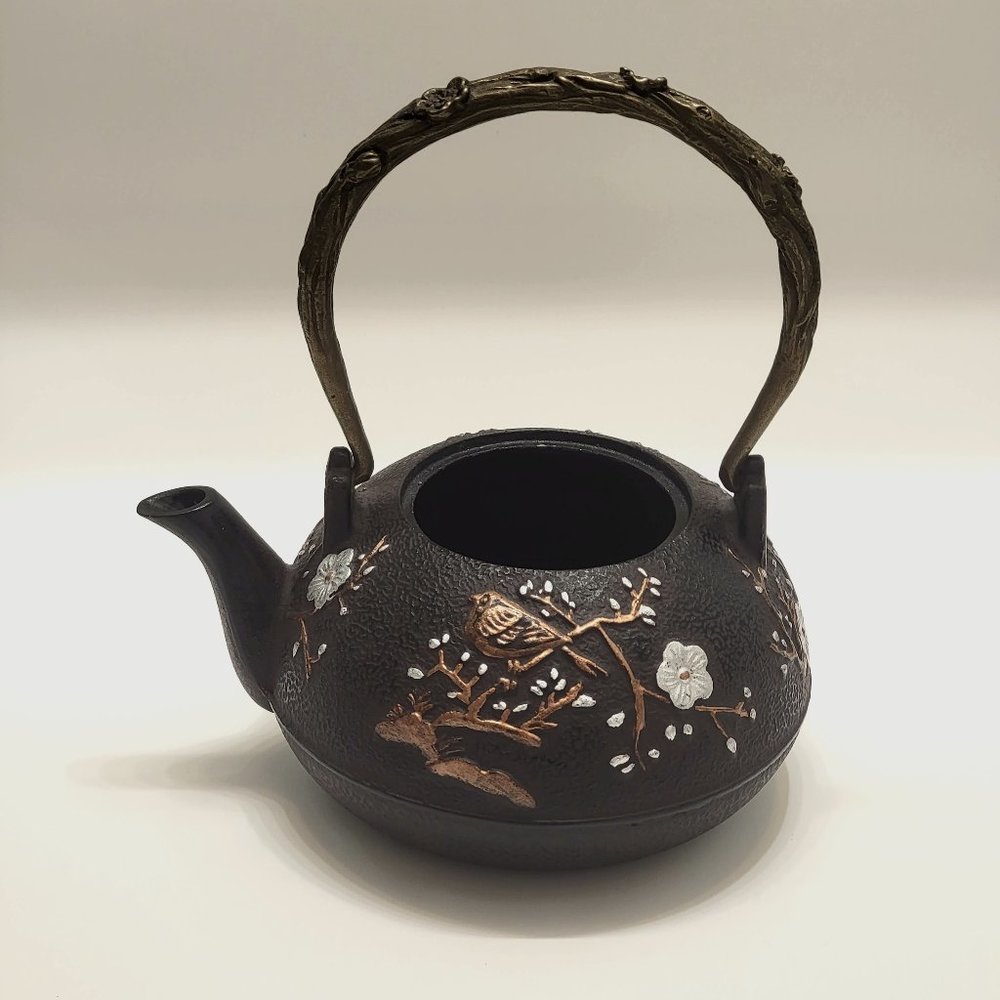 Japanese Cast Iron Kettle Teapot Tetsubin Plum and Bird Design No Lid or Infuser